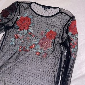 Black sheer long sleeve top with embroidered roses